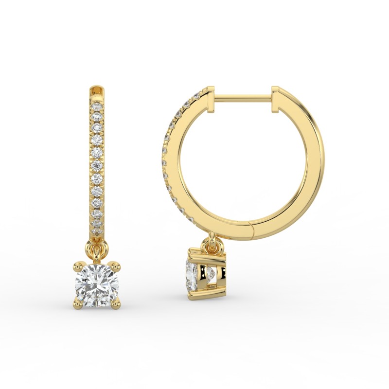 Cushion Single Stone Drop Huggies with Diamonds Earrings