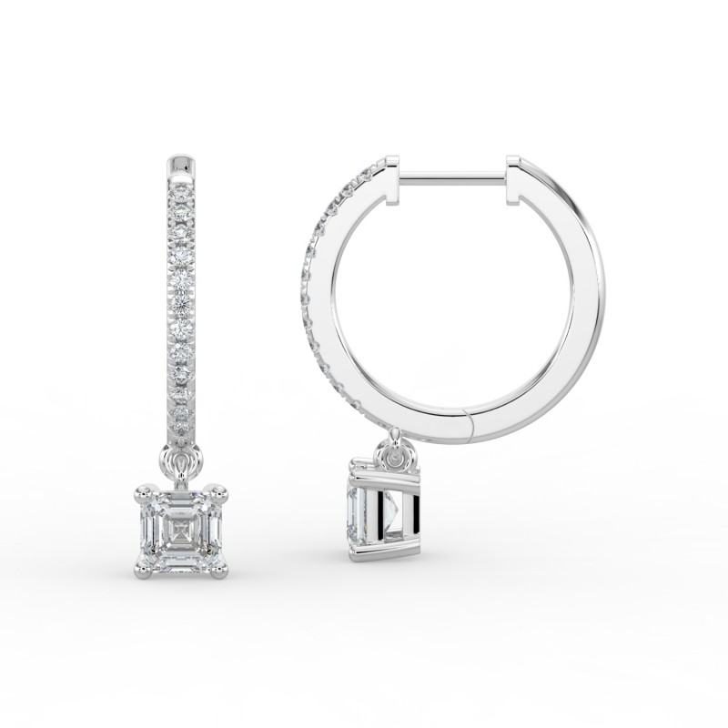 Asscher Single Stone Drop Huggies with Diamonds Earrings