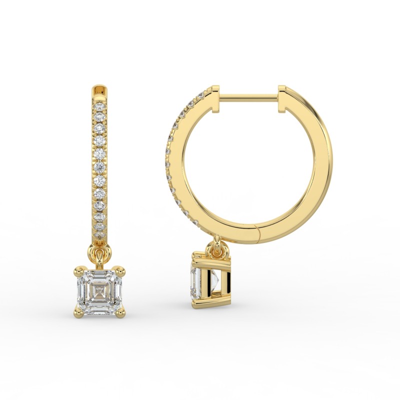 Asscher Single Stone Drop Huggies with Diamonds Earrings