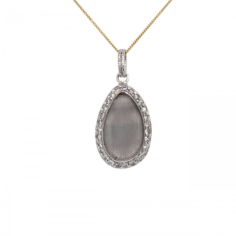 14KT White Gold Matte Pear Shape Pendant with Halo