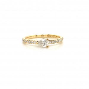 14K Yellow Solitaire East West Pear Diamond w Round Diamond On Shank
