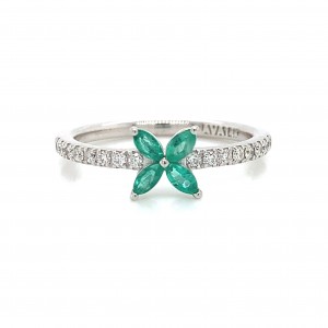 14K 4 Emerald Marquise Diamond Flower Ring w Round Diamond On The Shank