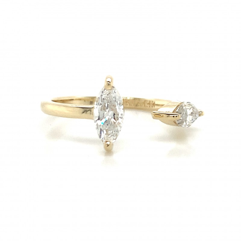14K Gold 2 Marquise Diamond Cuff Modern Ring