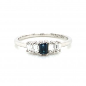 14K Step Cut Baguette Diamond Ring w Sapphire Baguette