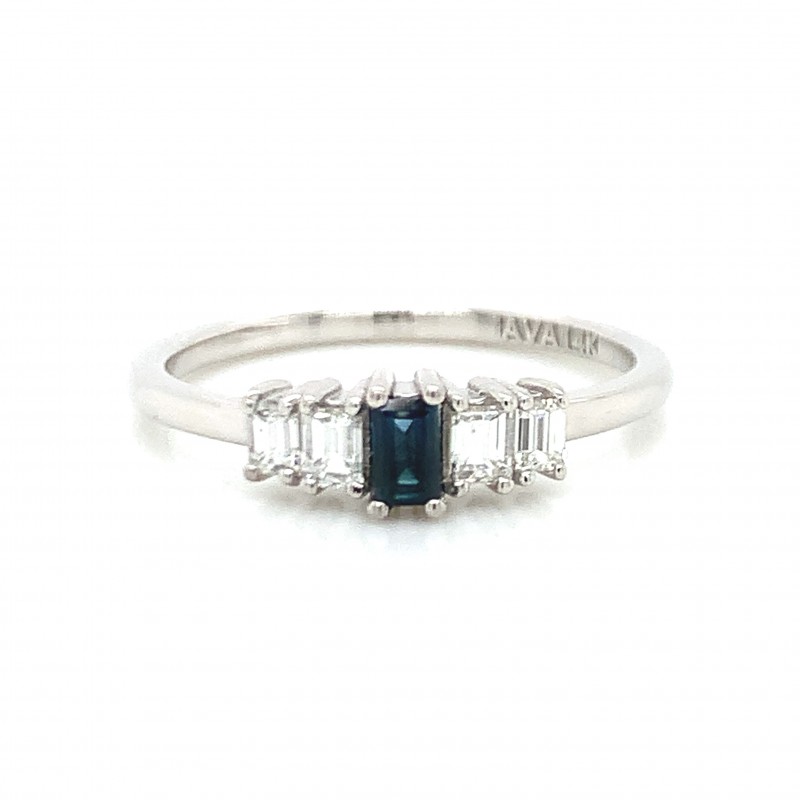 14K Step Cut Baguette Diamond Ring w Sapphire Baguette