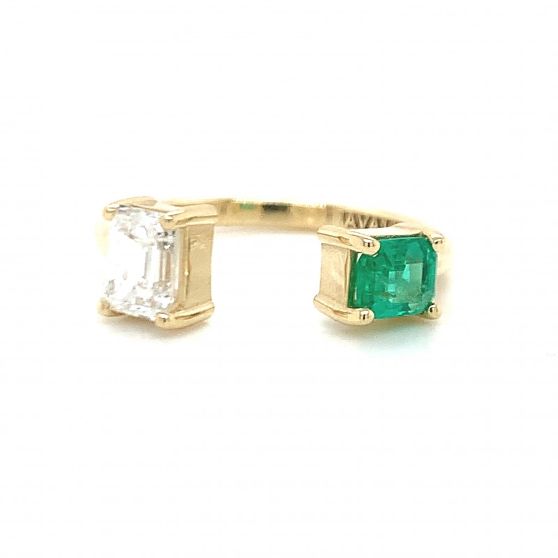 14K Gold Emerald Cut and Emerald Diamond Cuff Ring
