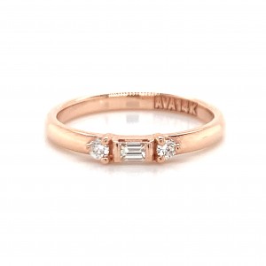 14k Rose Gold Baguette With Two Round Diamonds Petite Ring
