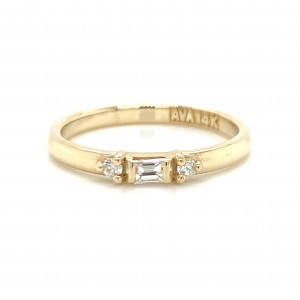 14k Gold Baguette With Two Round Diamonds Petite Ring
