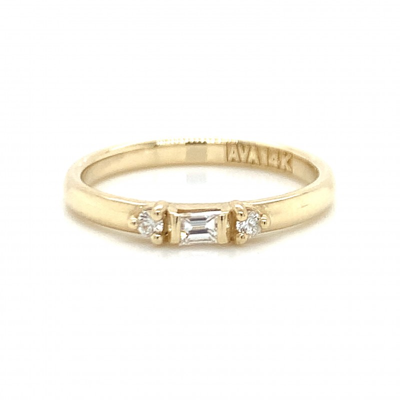 14k Gold Baguette With Two Round Diamonds Petite Ring
