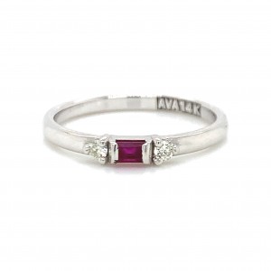 14k Ruby Color Baguette With Two Round Diamonds Petite Ring