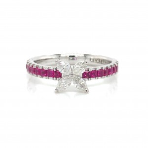 14K 4 Marquise Diamond Flower Ring w Rubies On The Shank