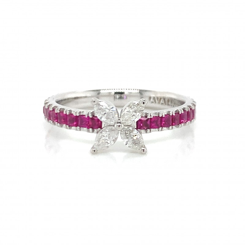 14K 4 Marquise Diamond Flower Ring w Rubies On The Shank