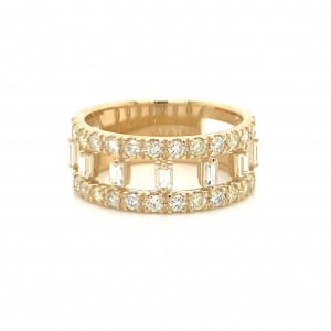 14k Gold Double Row Micro Pave Diamond Ring with Baguette Diamond