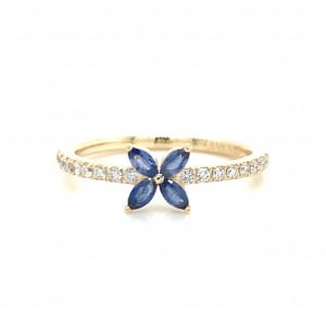 14K Gold 4 Sapphire Marquise Diamond Flower Ring w Round Diamonds On The Shank