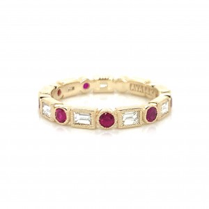 18K Gold Bezel Set Baguette and Round Rubies Eternity Band