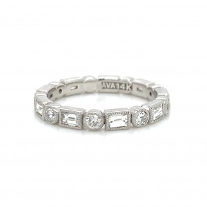 14k Art Deco Baguette and Round Diamond with Milgrain Eternity Ring