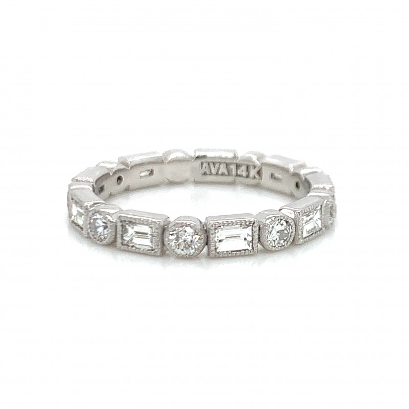 14k Art Deco Baguette and Round Diamond with Milgrain Eternity Ring