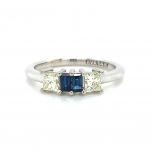 14K White Petite Emerald Cut Sapphires w Two Princess Stones On Side