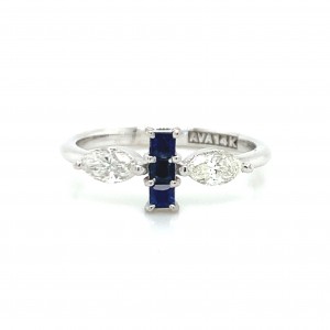 14K White Petite Emerald Cut Sapphires w Two Marquise Stones On Side