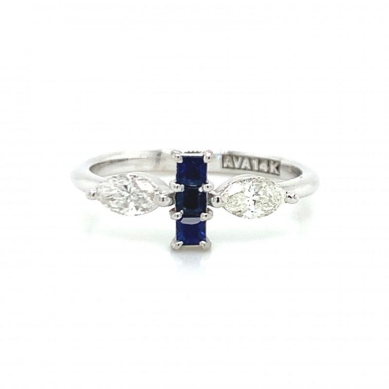 14K White Petite Emerald Cut Sapphires w Two Marquise Stones On Side
