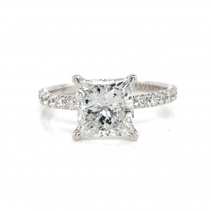 14K White Gold Simple 4 Claw Prong Princess Stone w Diamond on Band