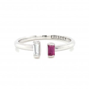 14K White Open Ring w Ruby and White Baguette Diamond