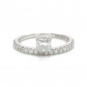 14K White Gold Single Floating Cushion Diamond Ring w Melee
