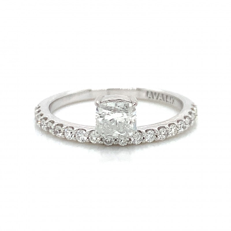 14K White Gold Single Floating Cushion Diamond Ring w Melee