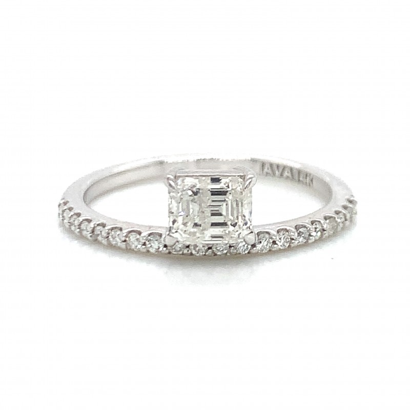 14K White Gold Single Floating Radiant Diamond Ring w Melee