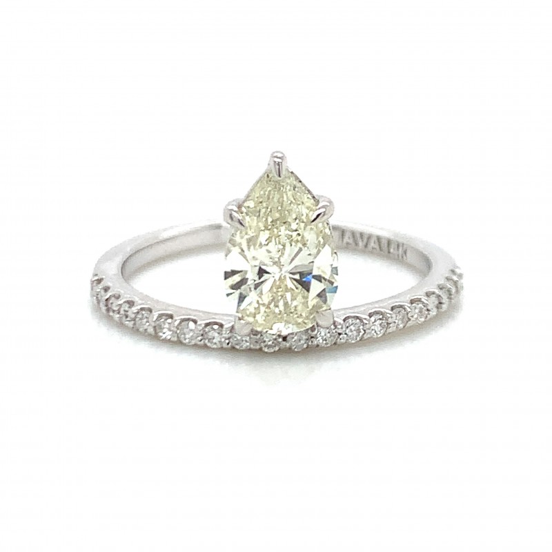 14K White Gold Single Floating Pear Diamond Ring w Melee