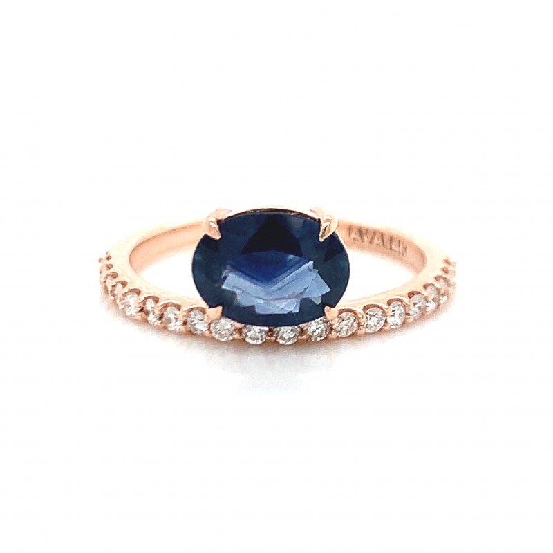14K Rose Gold Single Floating Oval Diamond Ring w Melee