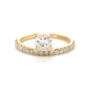 14K Yellow Gold Single Floating Princess Diamond Ring w Melee