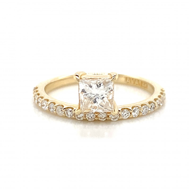 14K Yellow Gold Single Floating Princess Diamond Ring w Melee