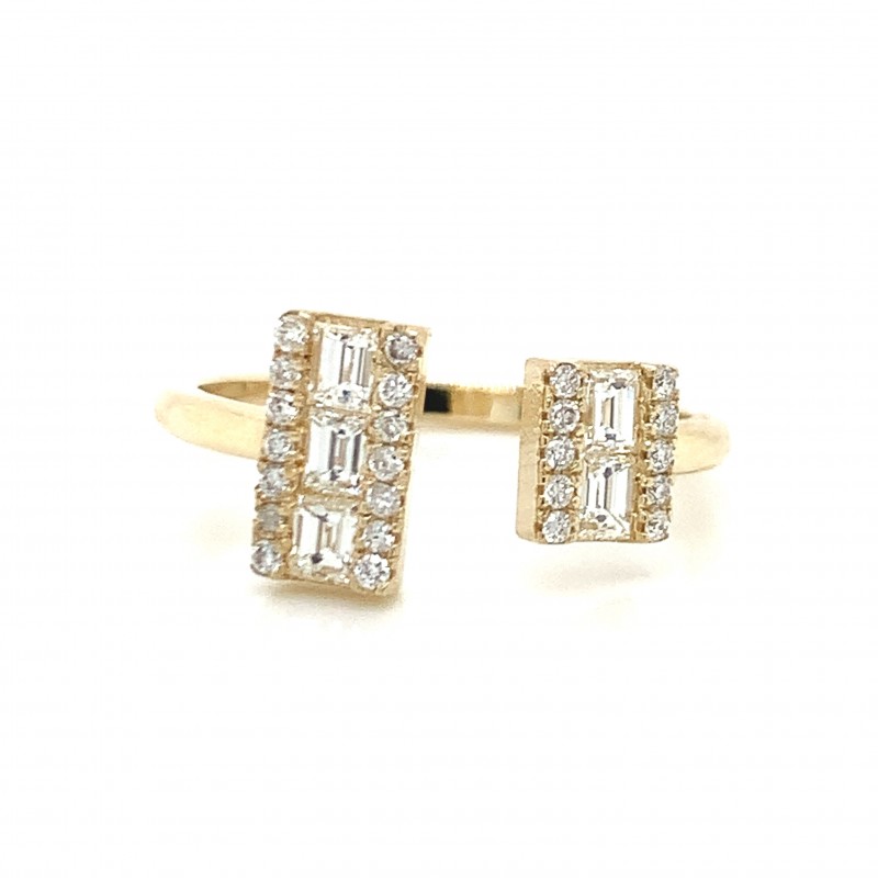 14K Yellow Gold Open Ring w Baguette and Round Diamond