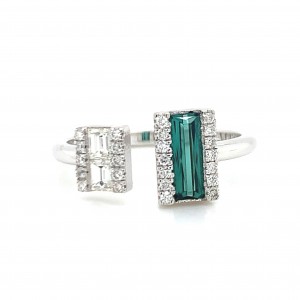 14K White Gold Open Ring w Green Baguette and Round Diamond