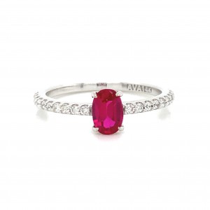 14K White Gold Oval Ruby w Diamond on Band