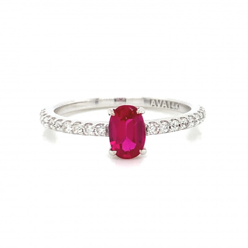 14K White Gold Oval Ruby w Diamond on Band