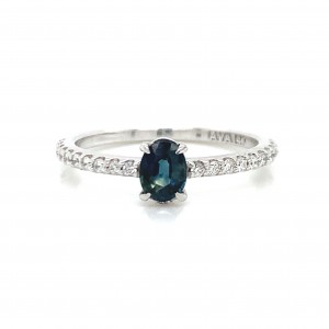 14K White Gold Sapphire Oval w Diamond on Band