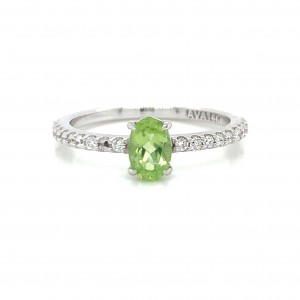 14K White Gold Lime Green Oval w Diamond on Band