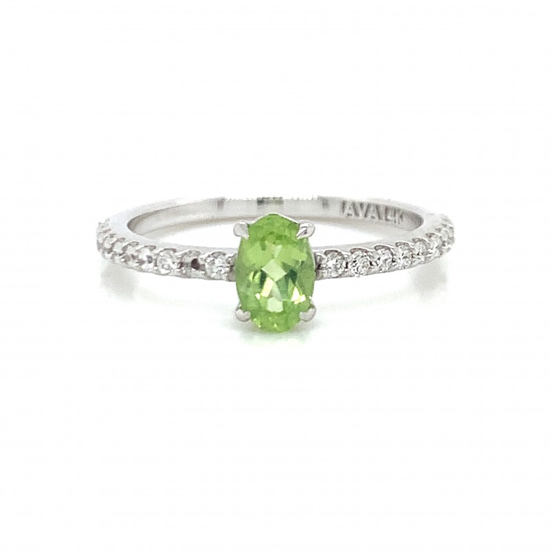 14K White Gold Lime Green Oval w Diamond on Band