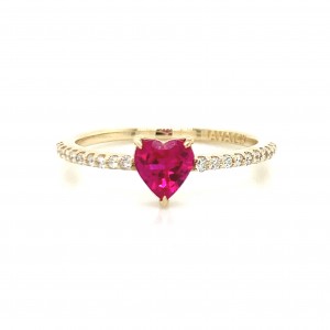 14K Yellow Gold Ruby Heart Shape Diamond w Diamond on Band