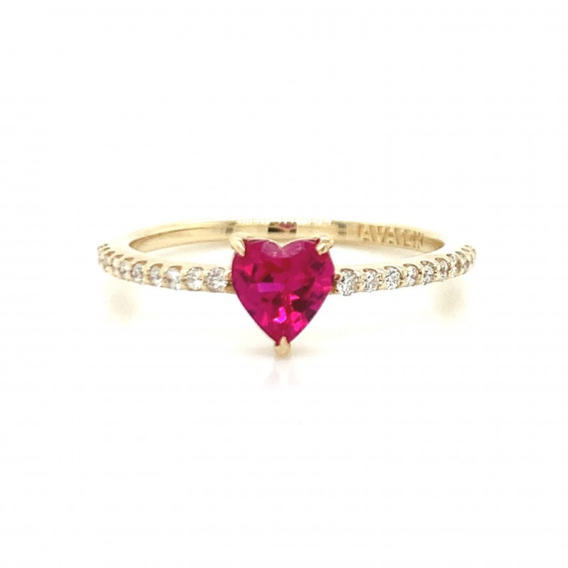 14K Yellow Gold Ruby Heart Shape Diamond w Diamond on Band