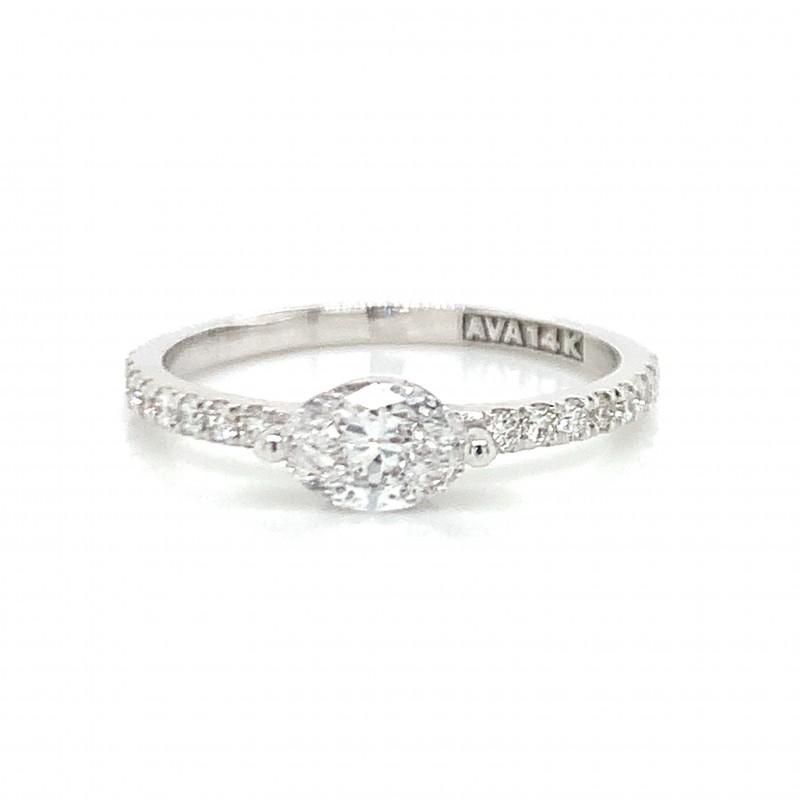 14K White Gold Stacking Band with Oval and Diamond on Band